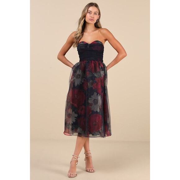 Lulus Splendidly Yours Navy Floral Organza Mesh Strapless Midi Dress Blue - Picture 1 of 1